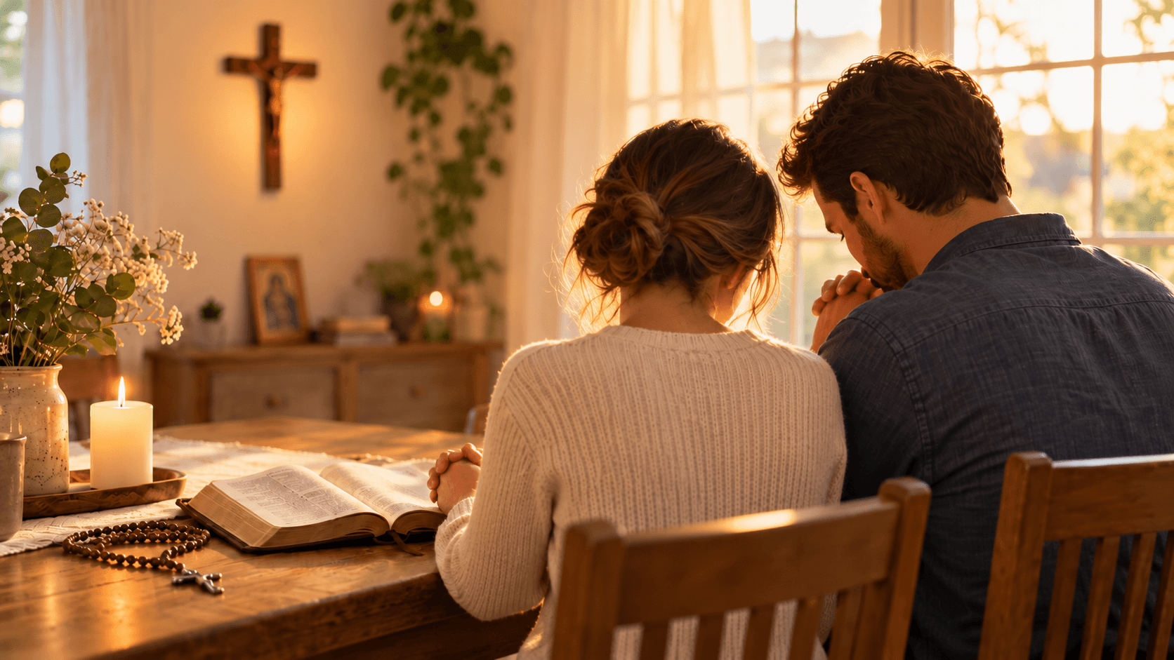 Husband and wife praying together at a table with an open Bible, rosary, and candle, beneath a crucifix.